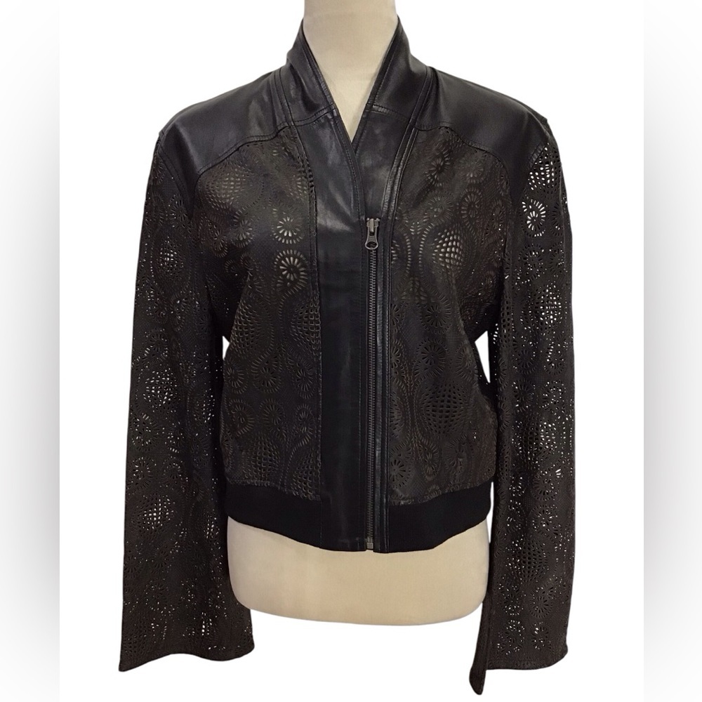 Jackett Black Leather Laser Cut Jacket Size Small NEW